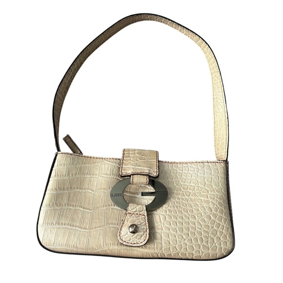 Guess Handbags - Guess Y2K Cream Croc Embossed Baguette Shoulder Bag Silver G Logo Purse McBling